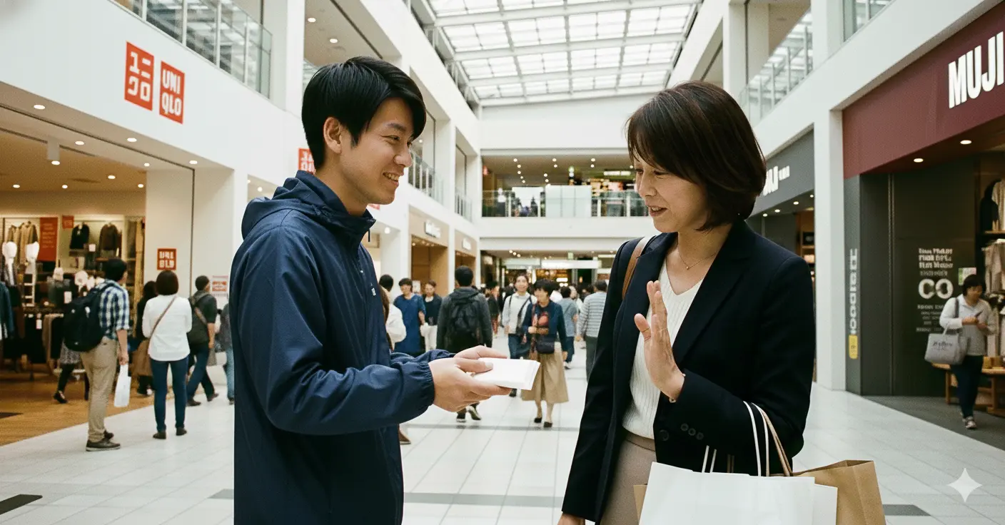 商業施設でスタッフと来場者が対話する様子